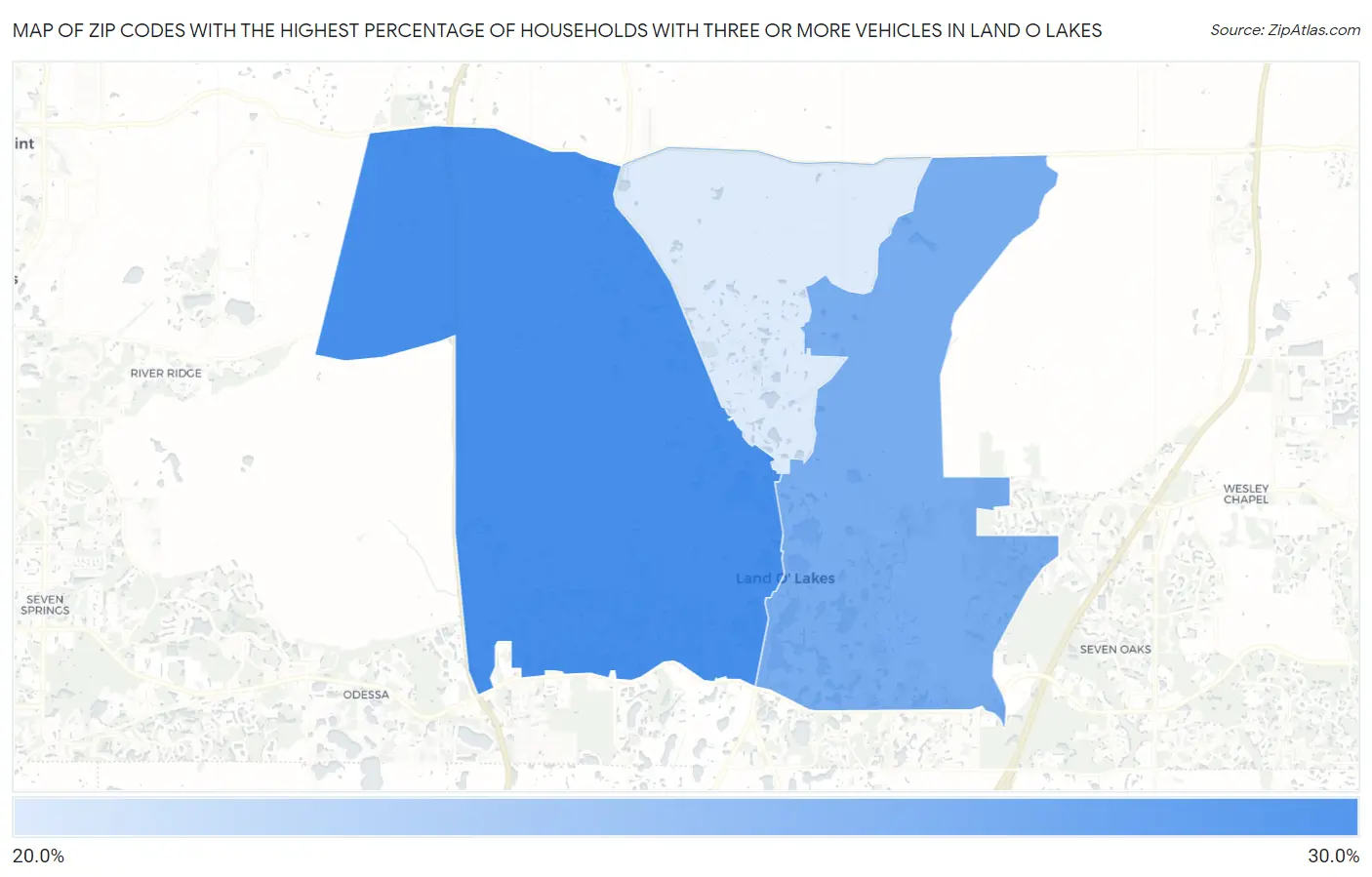 Zip Codes with the Highest Percentage of Households With Three or more Vehicles in Land O Lakes Map