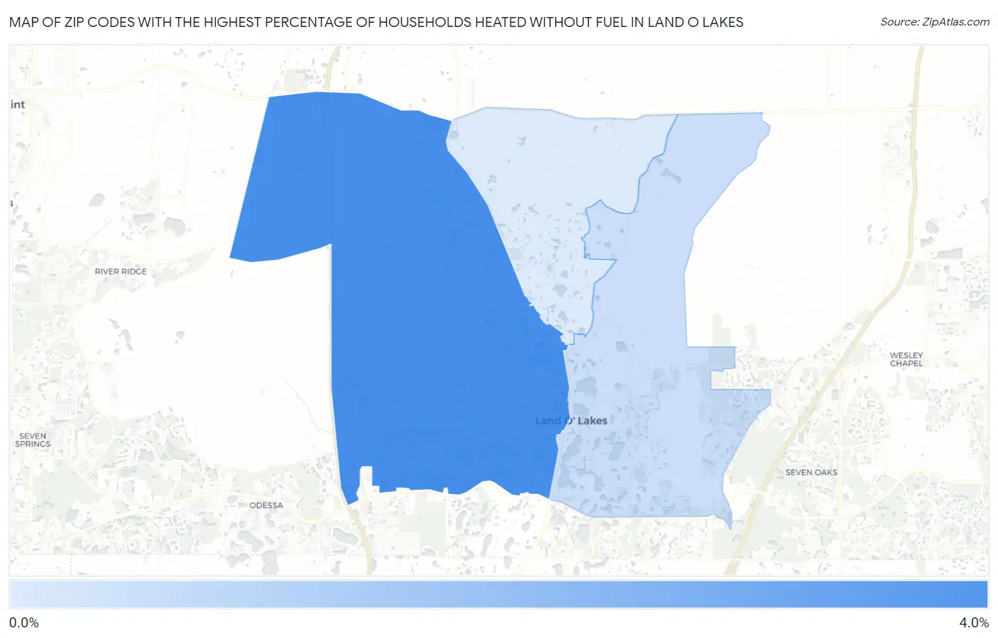 Zip Codes with the Highest Percentage of Households Heated without Fuel in Land O Lakes Map