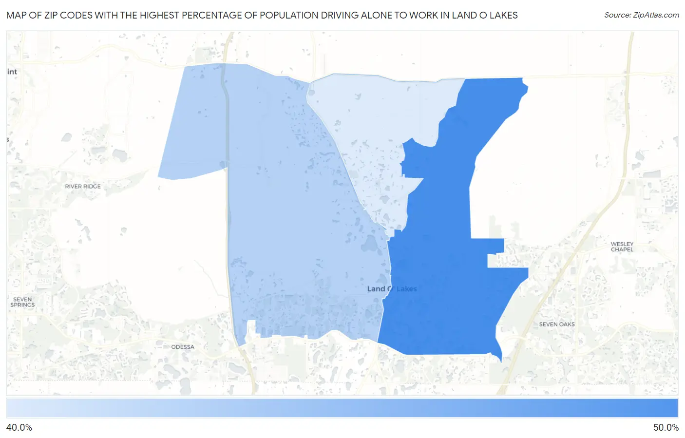 Zip Codes with the Highest Percentage of Population Driving Alone to Work in Land O Lakes Map