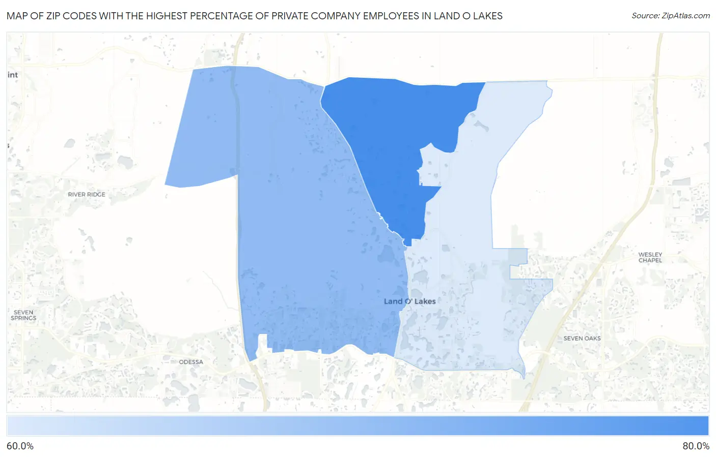 Zip Codes with the Highest Percentage of Private Company Employees in Land O Lakes Map