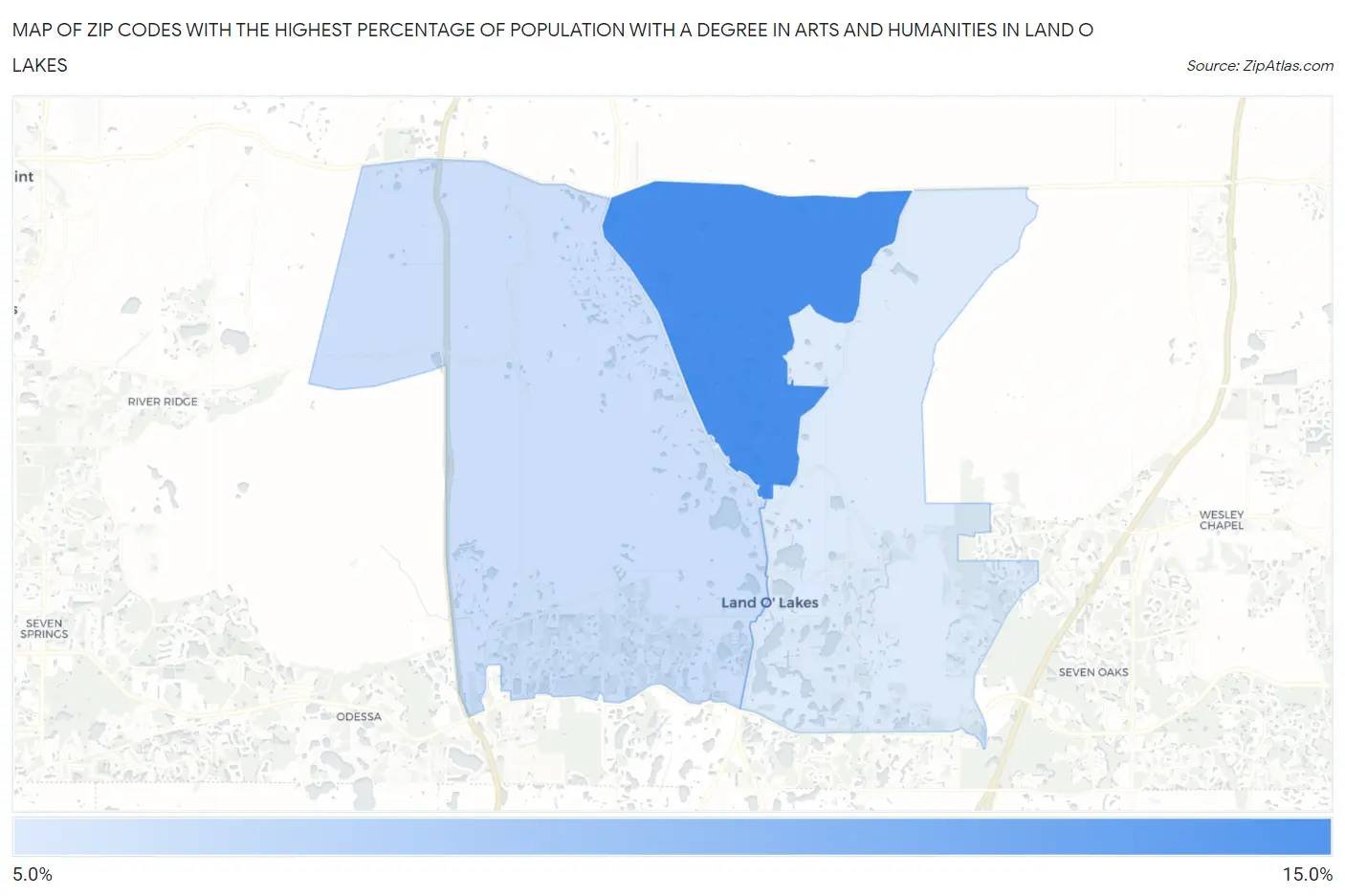 Zip Codes with the Highest Percentage of Population with a Degree in Arts and Humanities in Land O Lakes Map