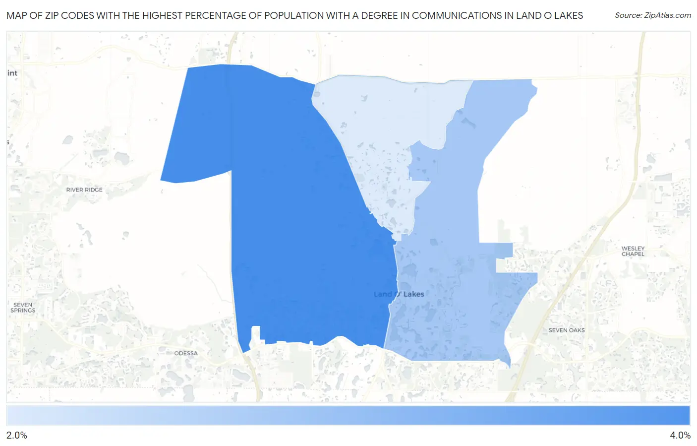 Zip Codes with the Highest Percentage of Population with a Degree in Communications in Land O Lakes Map