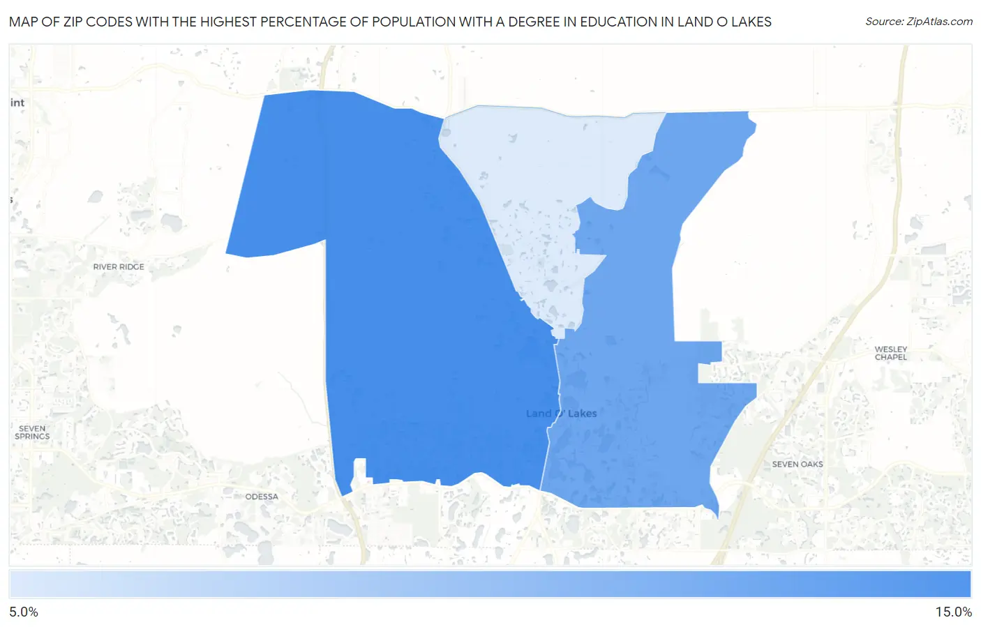 Zip Codes with the Highest Percentage of Population with a Degree in Education in Land O Lakes Map