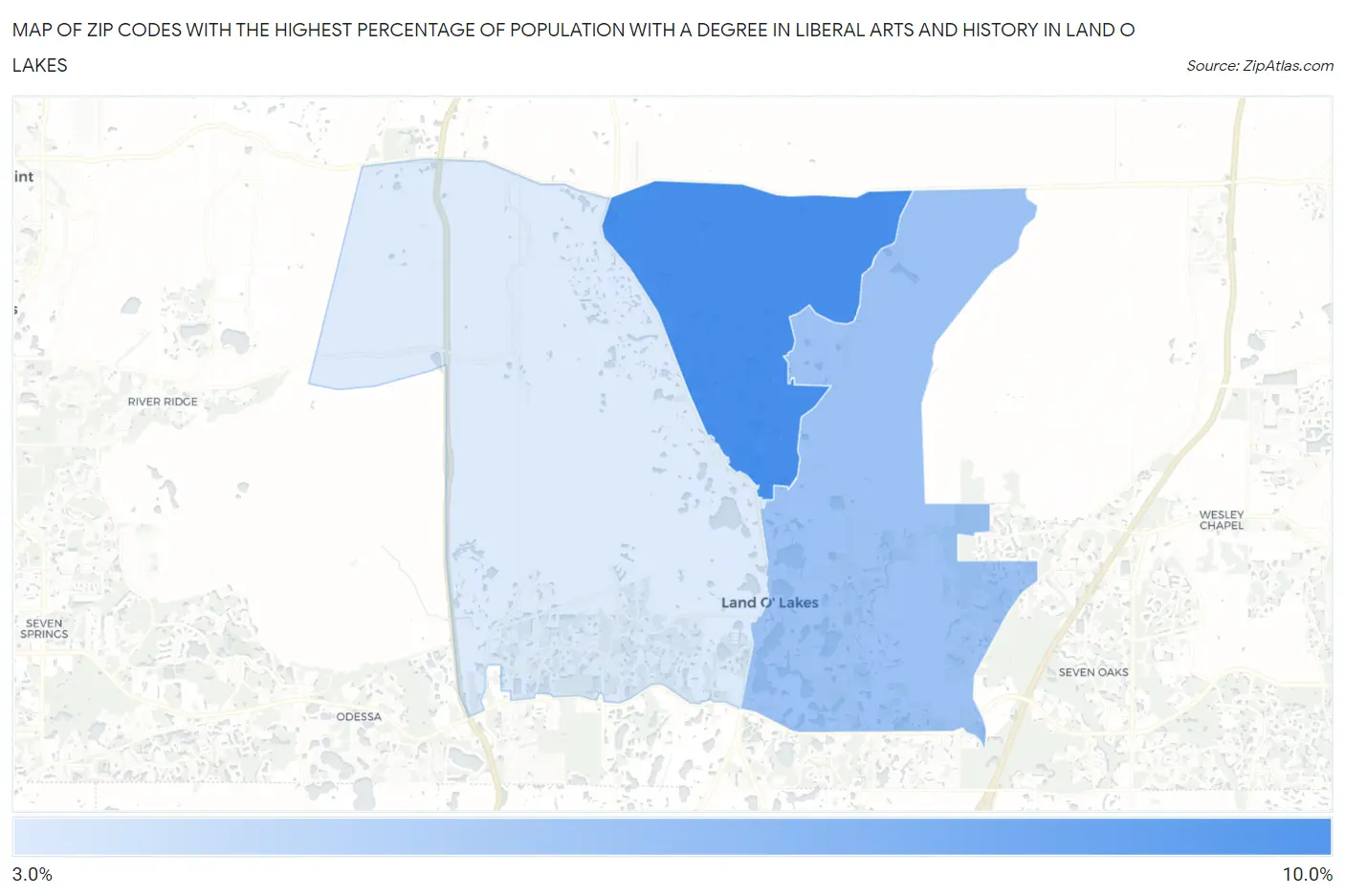 Zip Codes with the Highest Percentage of Population with a Degree in Liberal Arts and History in Land O Lakes Map