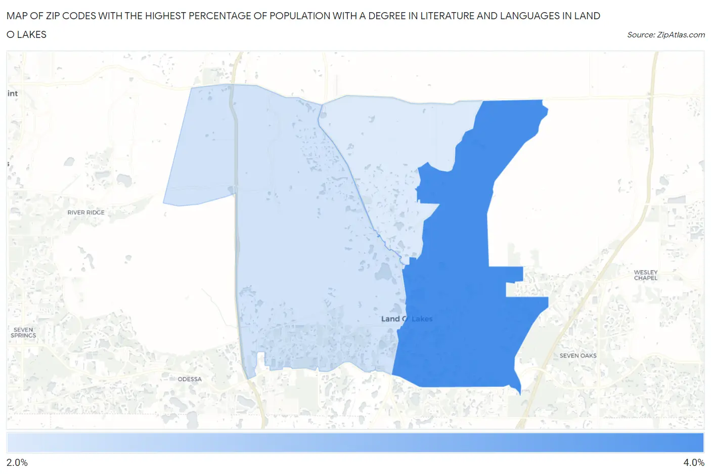 Zip Codes with the Highest Percentage of Population with a Degree in Literature and Languages in Land O Lakes Map