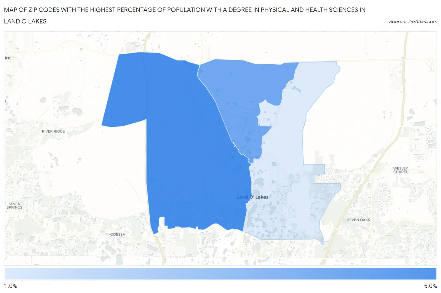 Zip Codes with the Highest Percentage of Population with a Degree in Physical and Health Sciences in Land O Lakes Map