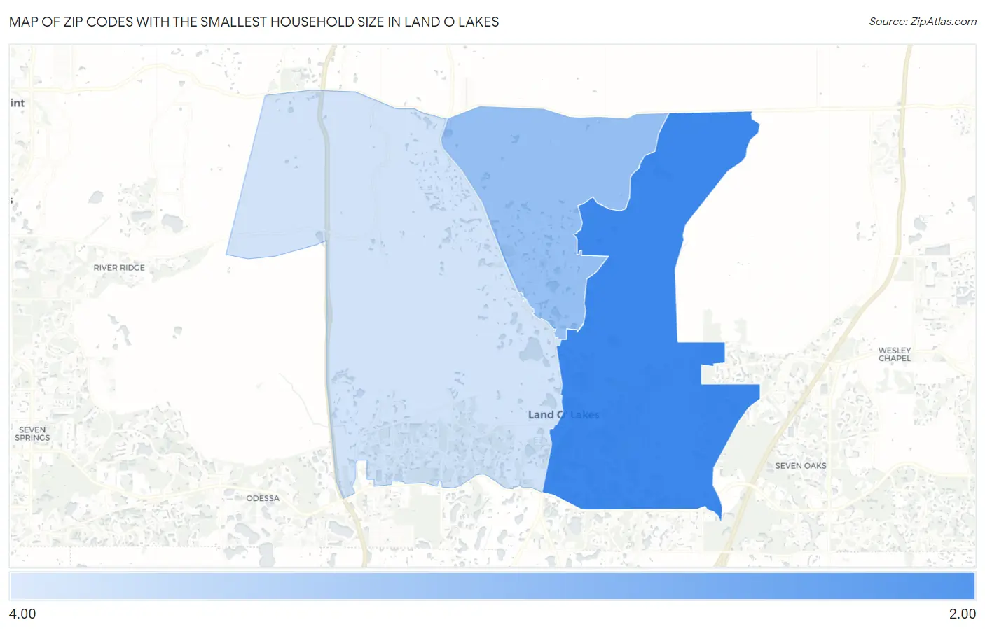 Zip Codes with the Smallest Household Size in Land O Lakes Map