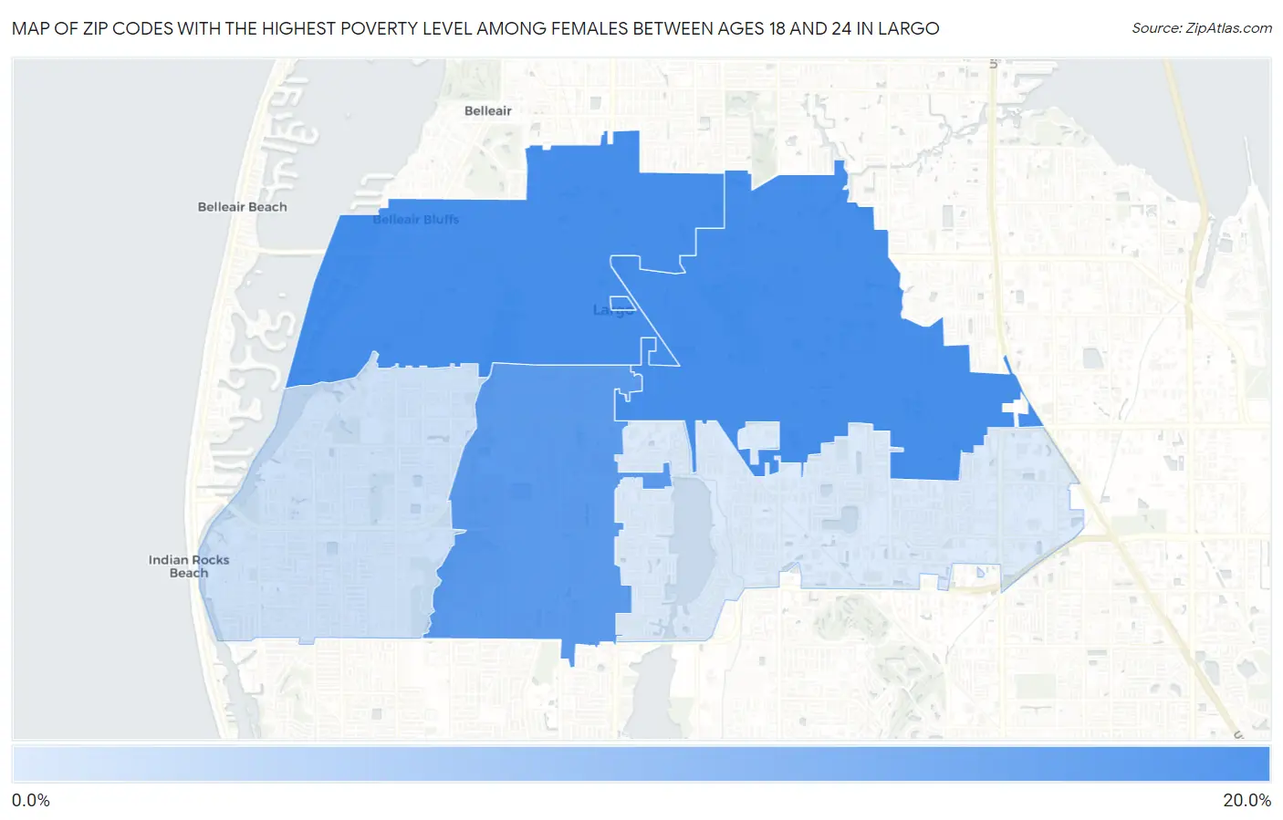 Zip Codes with the Highest Poverty Level Among Females Between Ages 18 and 24 in Largo Map