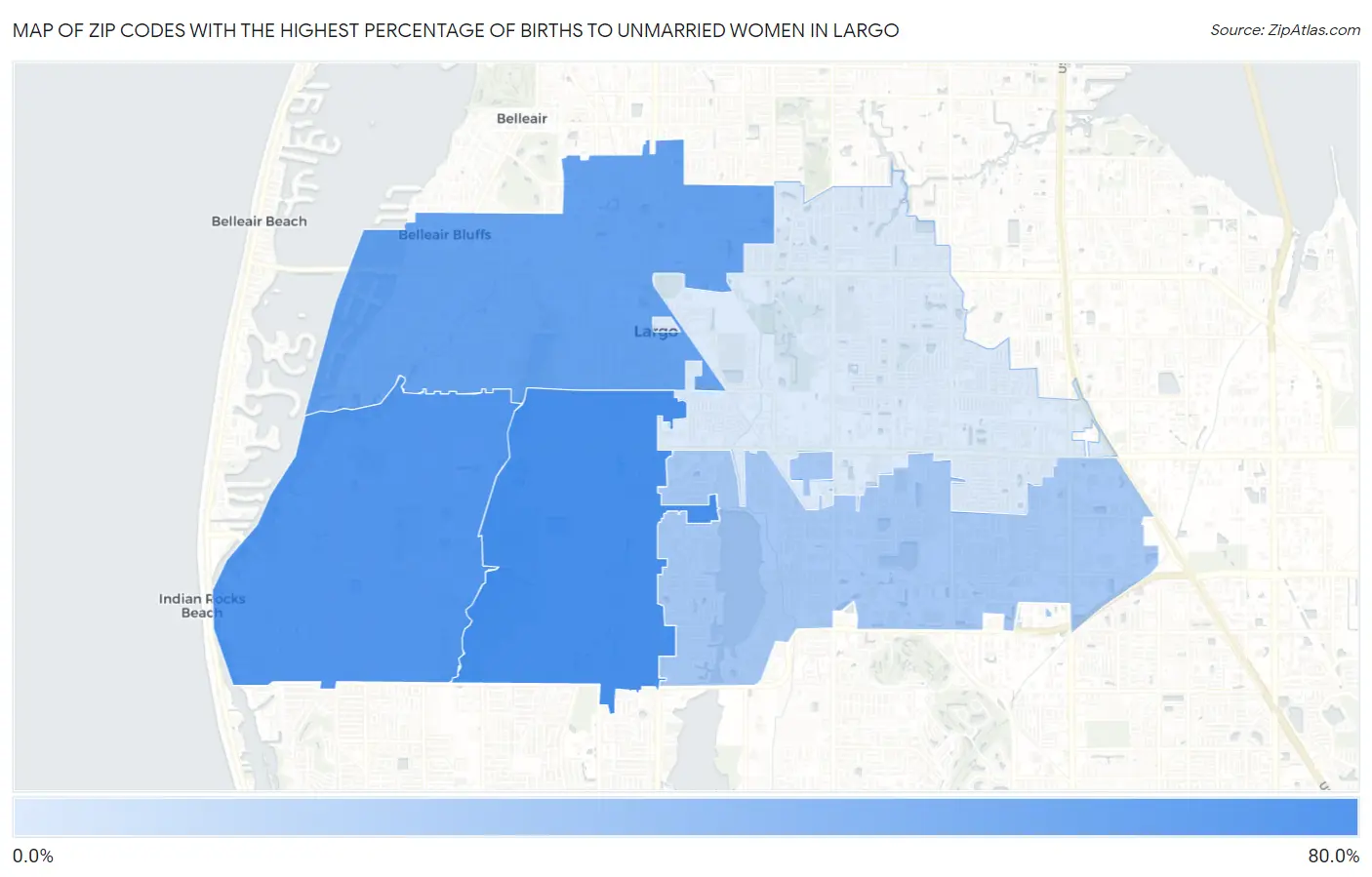 Zip Codes with the Highest Percentage of Births to Unmarried Women in Largo Map