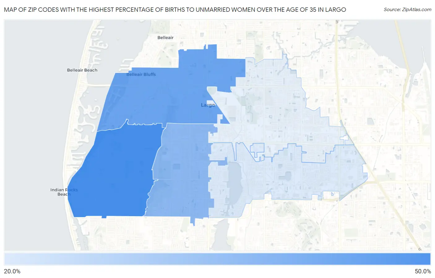 Zip Codes with the Highest Percentage of Births to Unmarried Women over the Age of 35 in Largo Map