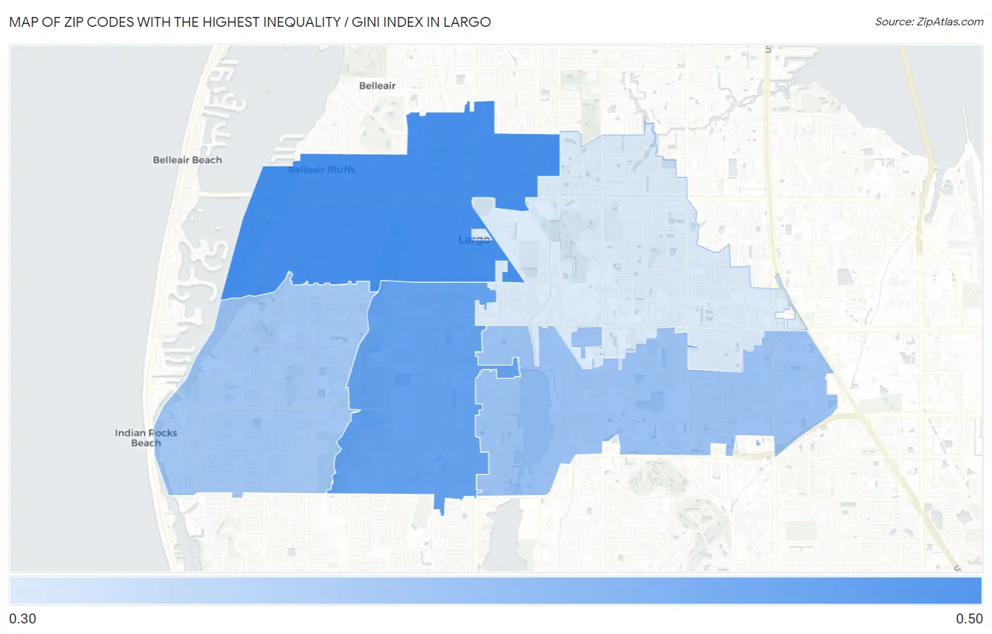 Zip Codes with the Highest Inequality / Gini Index in Largo Map