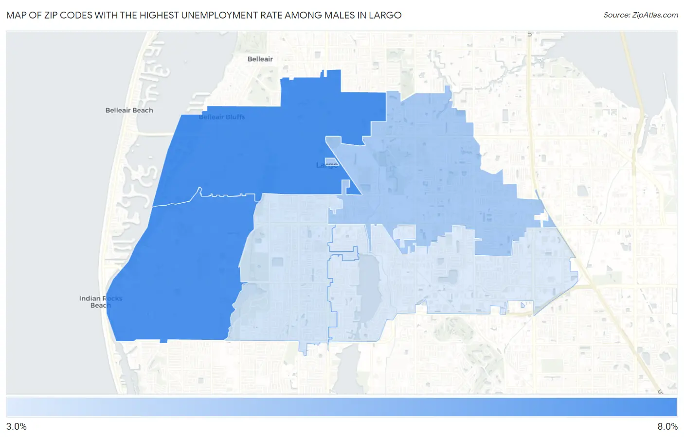 Zip Codes with the Highest Unemployment Rate Among Males in Largo Map