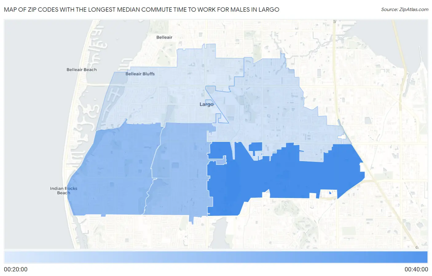 Zip Codes with the Longest Median Commute Time to Work for Males in Largo Map