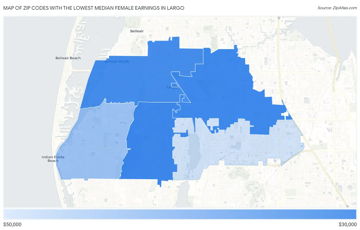 Zip Codes with the Lowest Median Female Earnings in Largo Map
