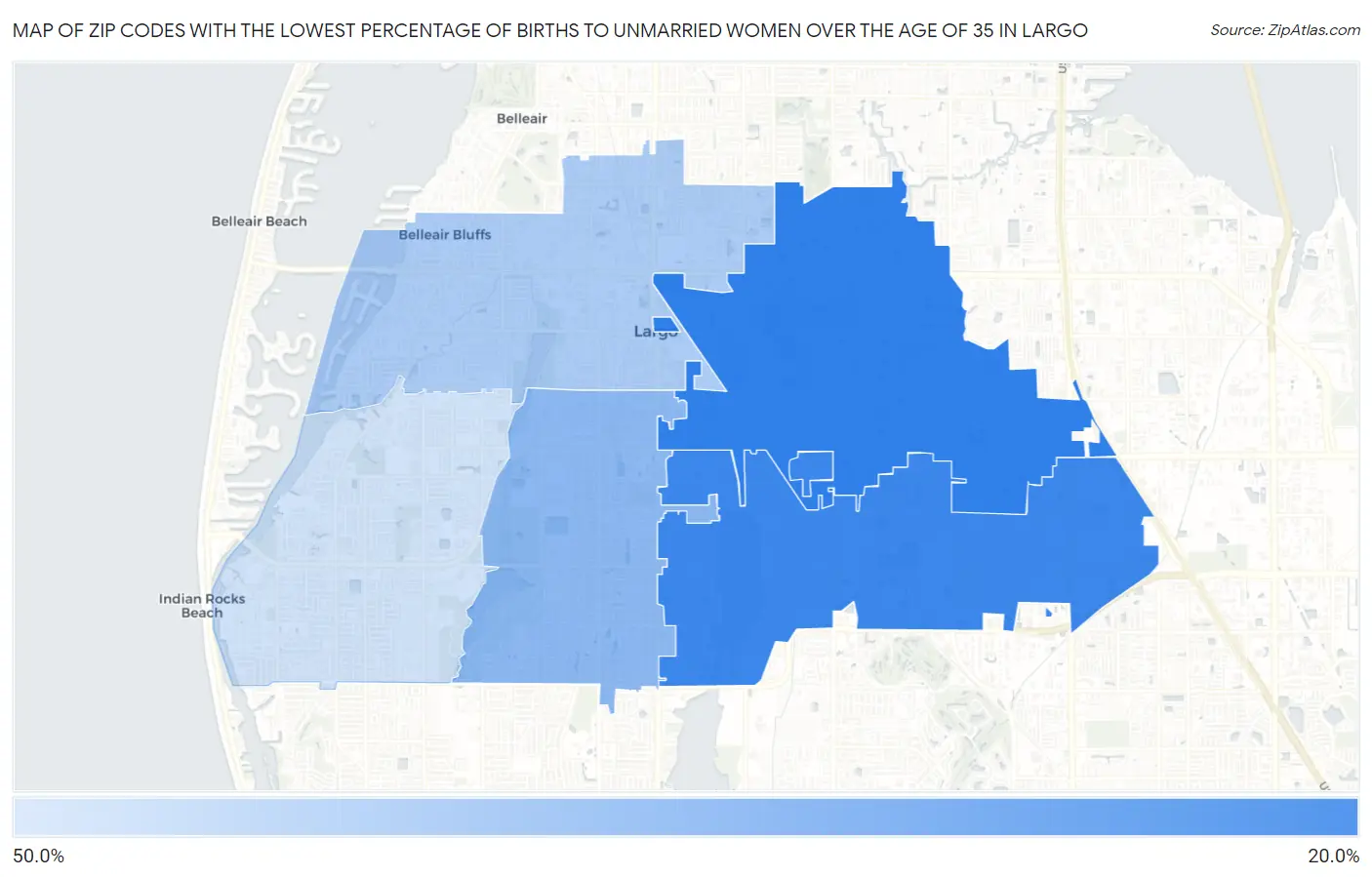 Zip Codes with the Lowest Percentage of Births to Unmarried Women over the Age of 35 in Largo Map