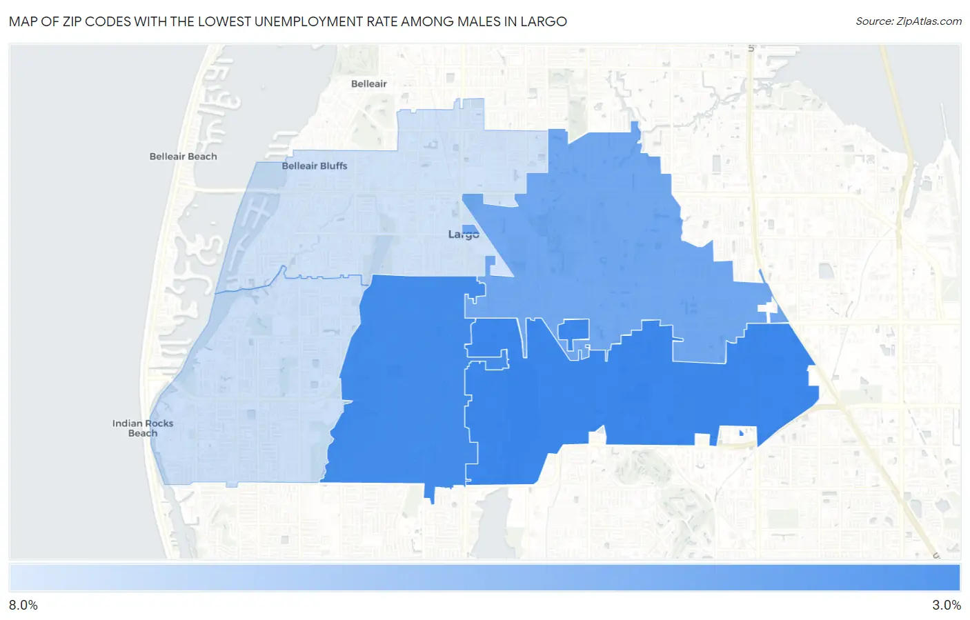 Zip Codes with the Lowest Unemployment Rate Among Males in Largo Map
