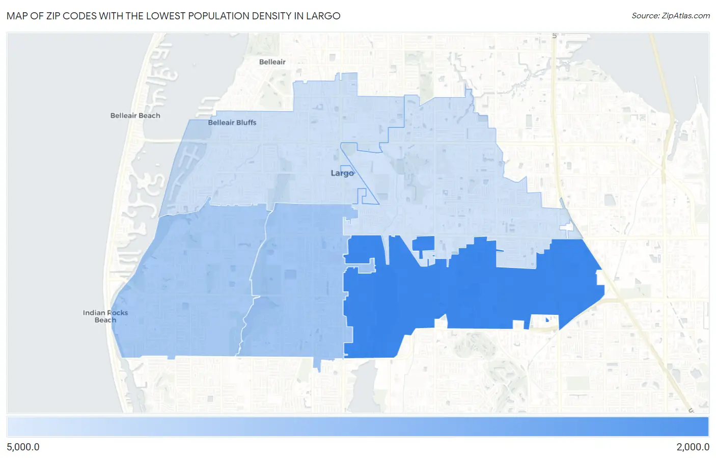 Zip Codes with the Lowest Population Density in Largo Map
