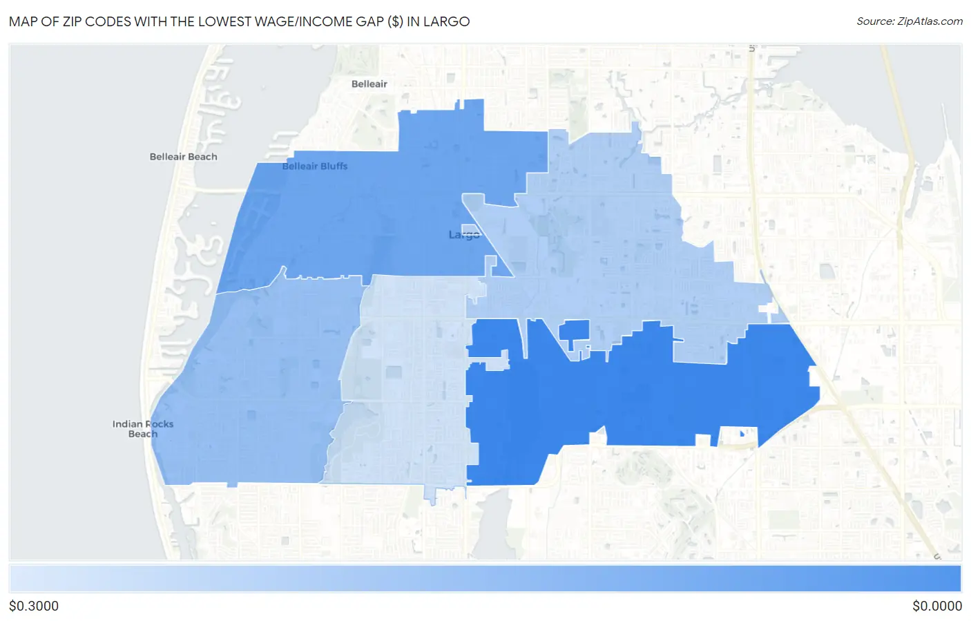 Zip Codes with the Lowest Wage/Income Gap ($) in Largo Map