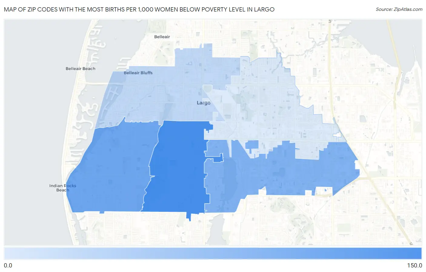 Zip Codes with the Most Births per 1,000 Women Below Poverty Level in Largo Map