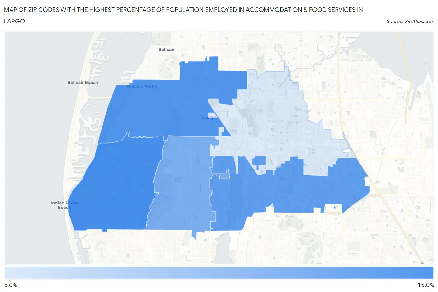 Zip Codes with the Highest Percentage of Population Employed in Accommodation & Food Services in Largo Map