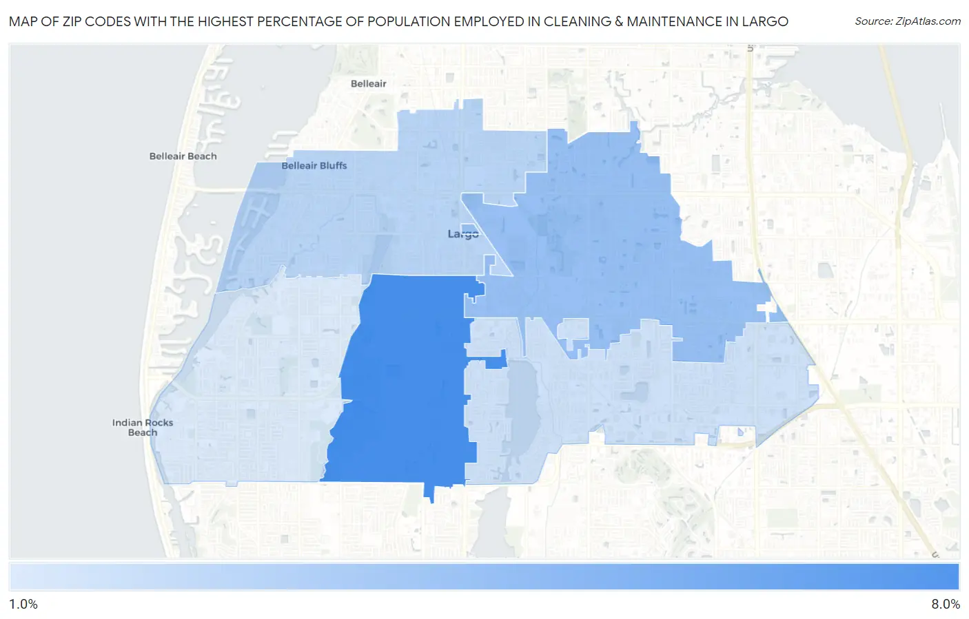 Zip Codes with the Highest Percentage of Population Employed in Cleaning & Maintenance in Largo Map