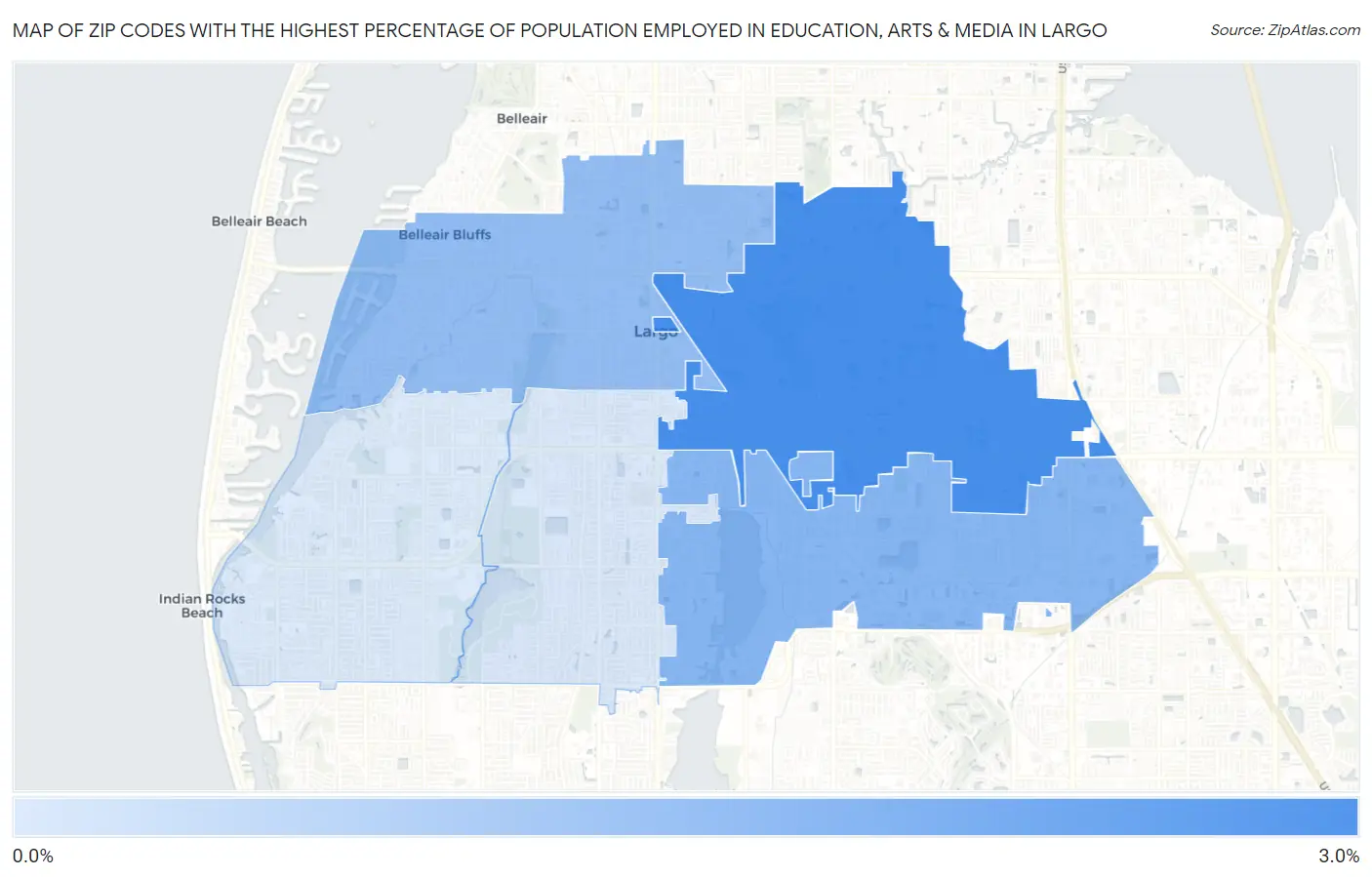 Zip Codes with the Highest Percentage of Population Employed in Education, Arts & Media in Largo Map