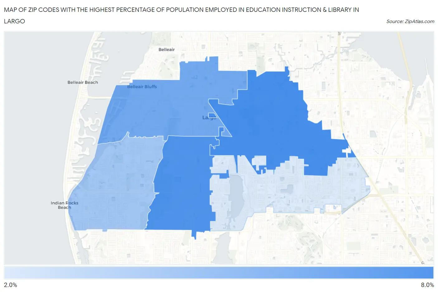 Zip Codes with the Highest Percentage of Population Employed in Education Instruction & Library in Largo Map