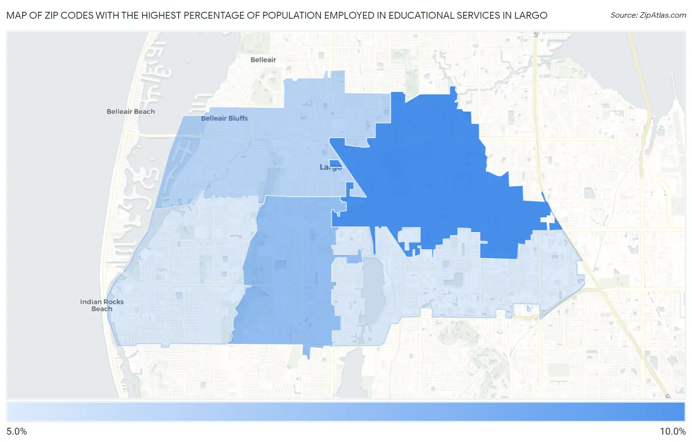 Zip Codes with the Highest Percentage of Population Employed in Educational Services in Largo Map