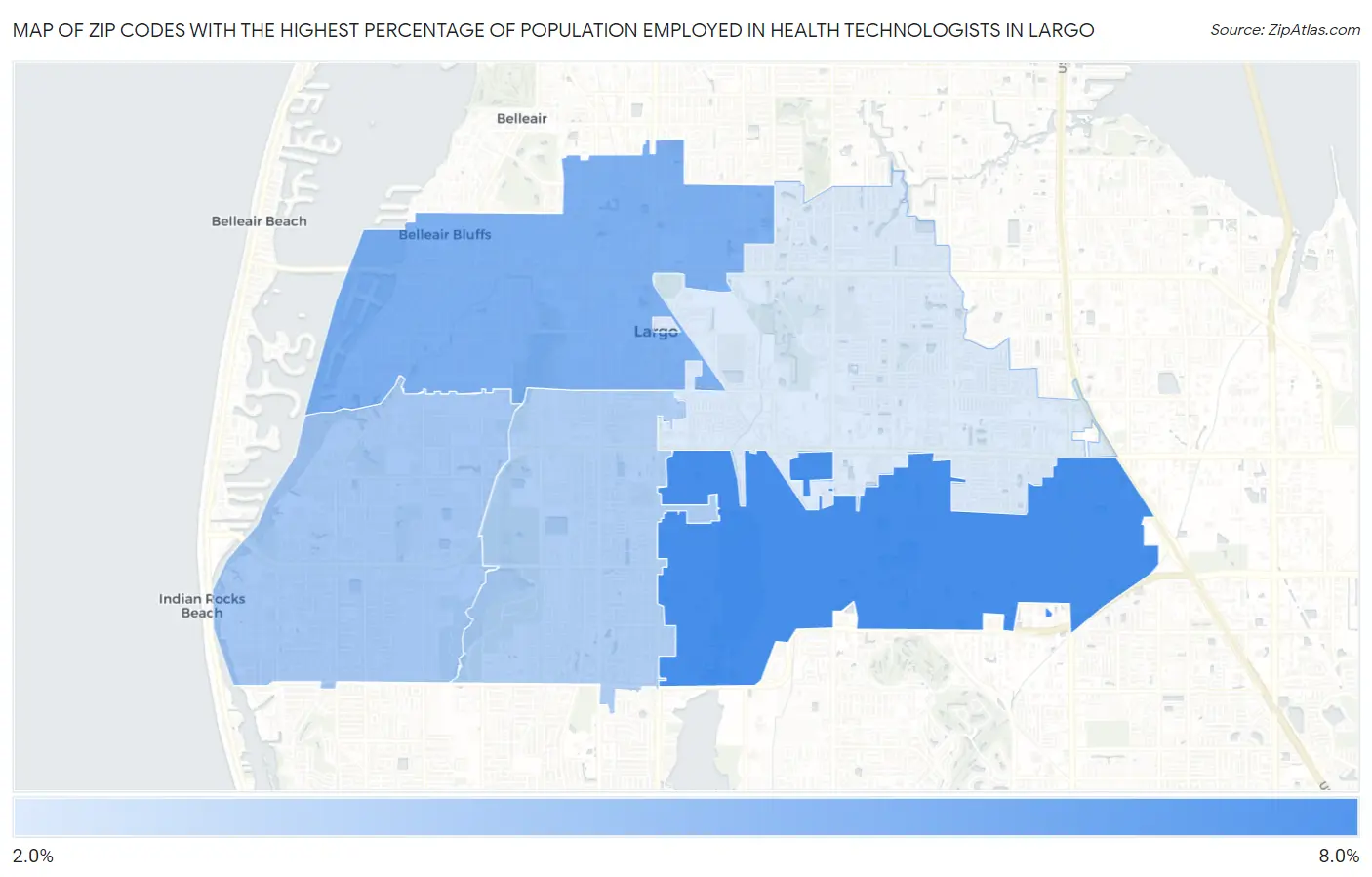 Zip Codes with the Highest Percentage of Population Employed in Health Technologists in Largo Map