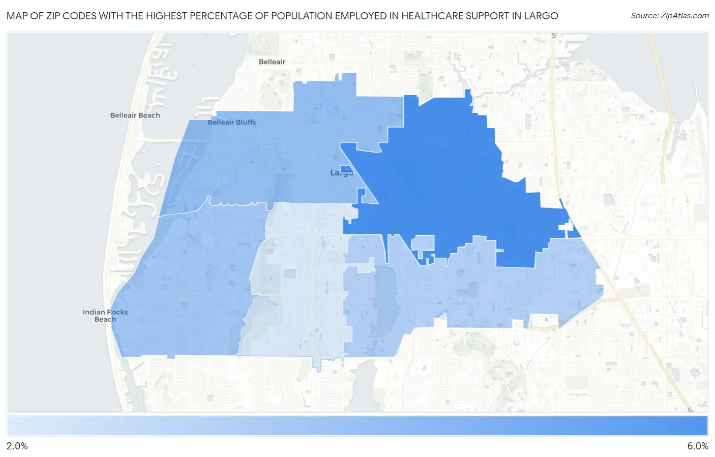 Zip Codes with the Highest Percentage of Population Employed in Healthcare Support in Largo Map