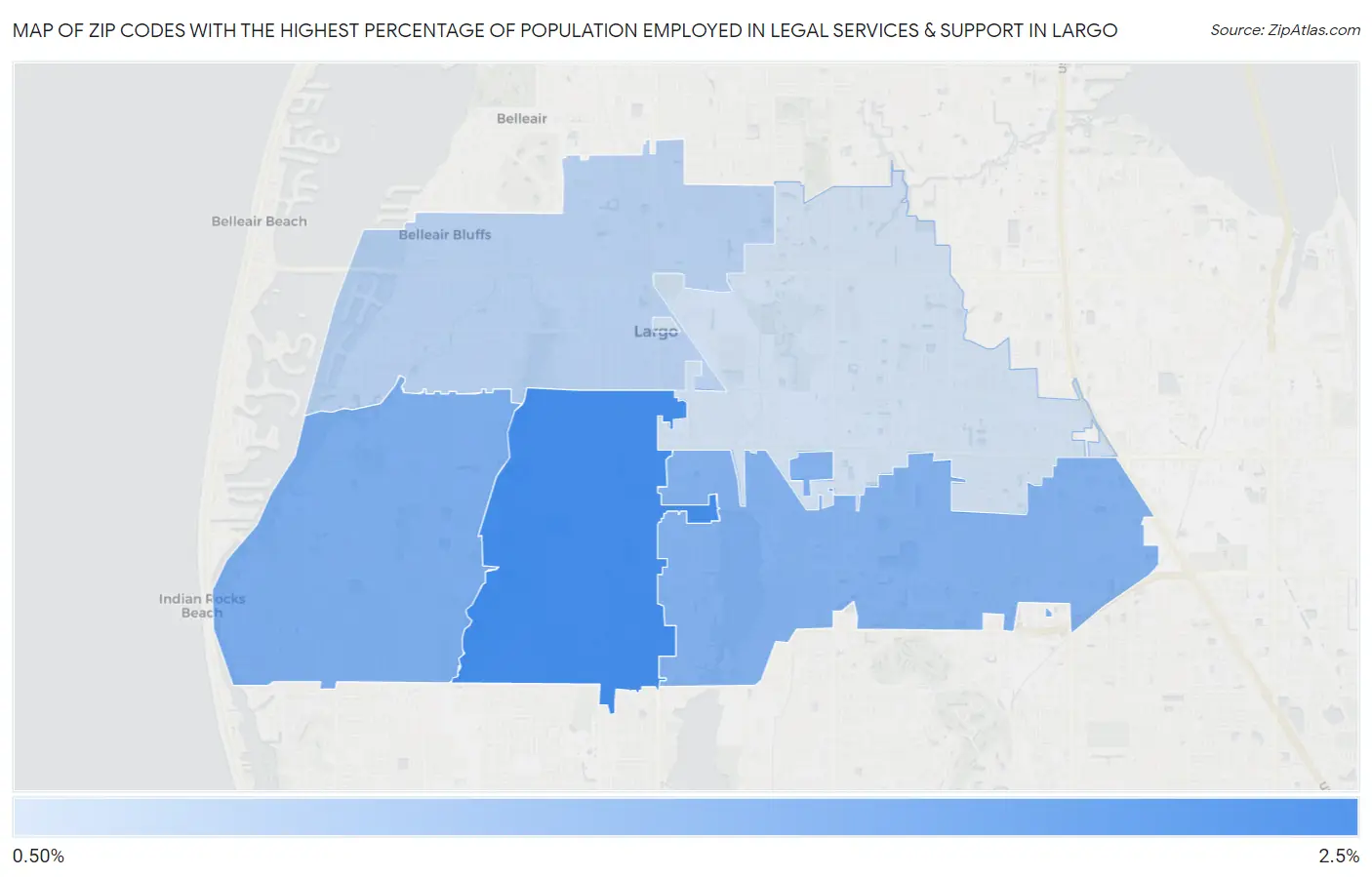 Zip Codes with the Highest Percentage of Population Employed in Legal Services & Support in Largo Map