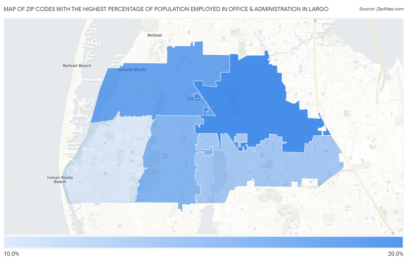 Zip Codes with the Highest Percentage of Population Employed in Office & Administration in Largo Map