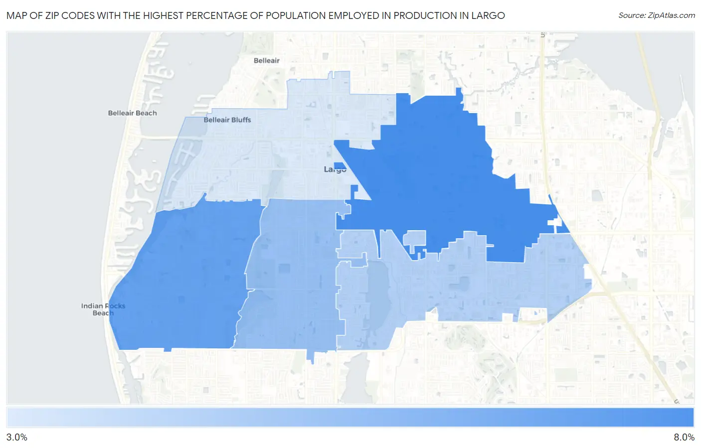 Zip Codes with the Highest Percentage of Population Employed in Production in Largo Map