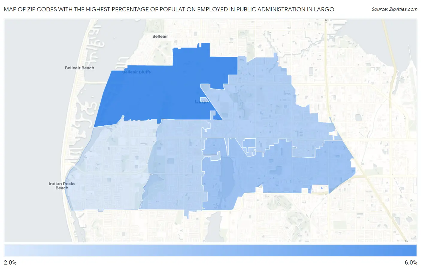 Zip Codes with the Highest Percentage of Population Employed in Public Administration in Largo Map