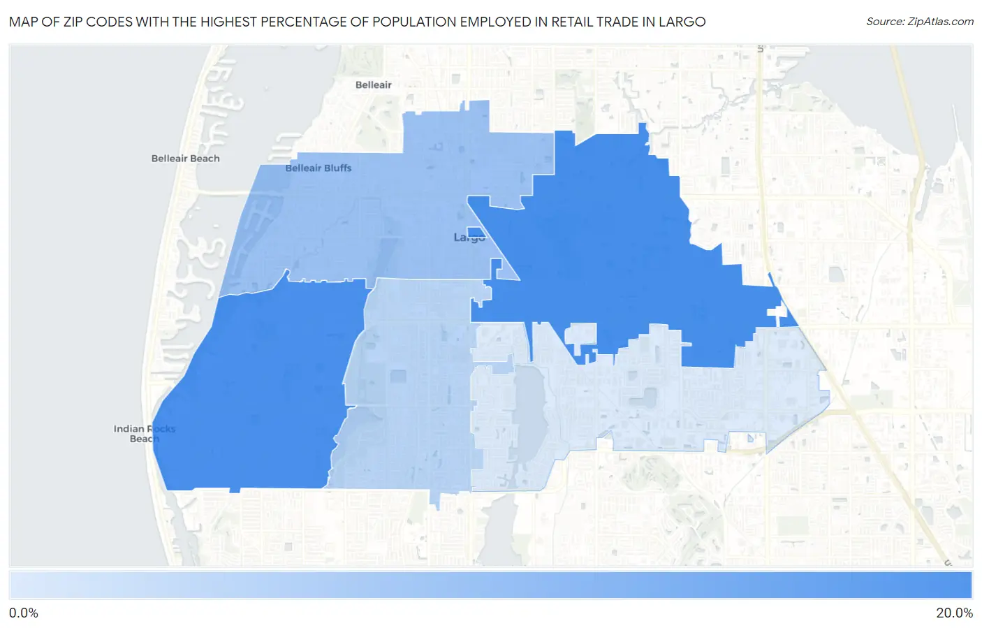Zip Codes with the Highest Percentage of Population Employed in Retail Trade in Largo Map