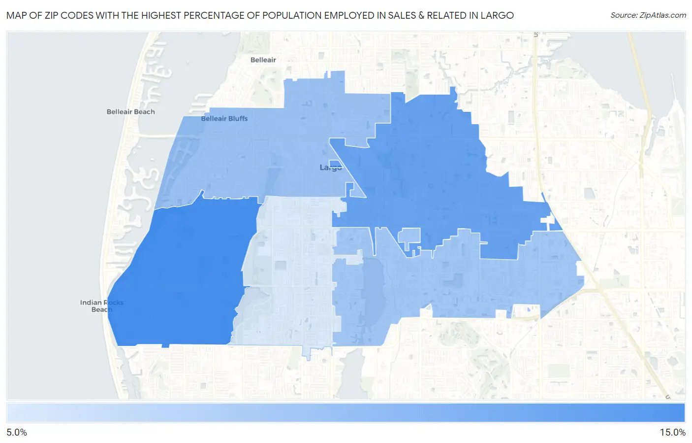 Zip Codes with the Highest Percentage of Population Employed in Sales & Related in Largo Map