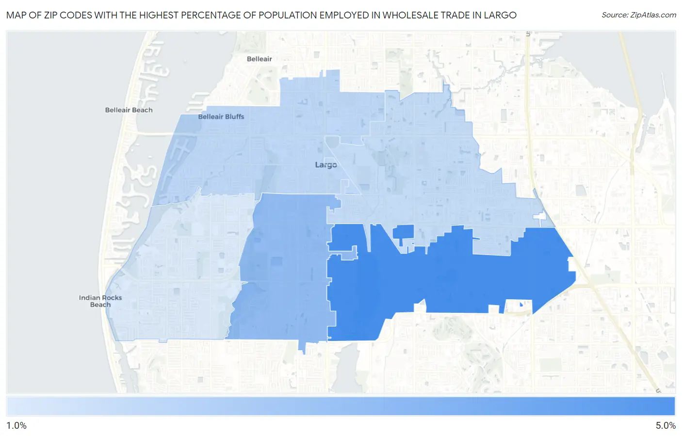Zip Codes with the Highest Percentage of Population Employed in Wholesale Trade in Largo Map