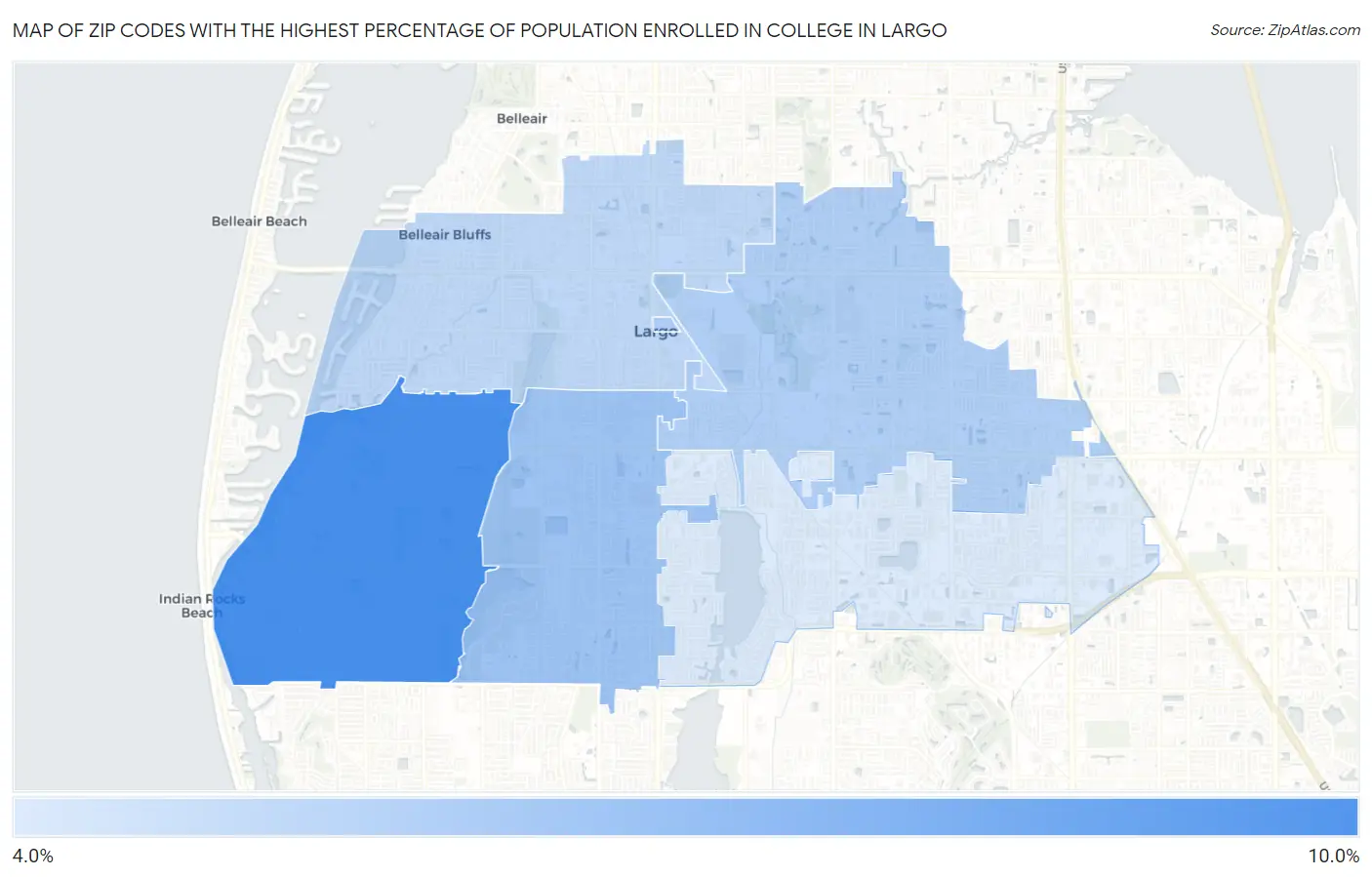 Zip Codes with the Highest Percentage of Population Enrolled in College in Largo Map