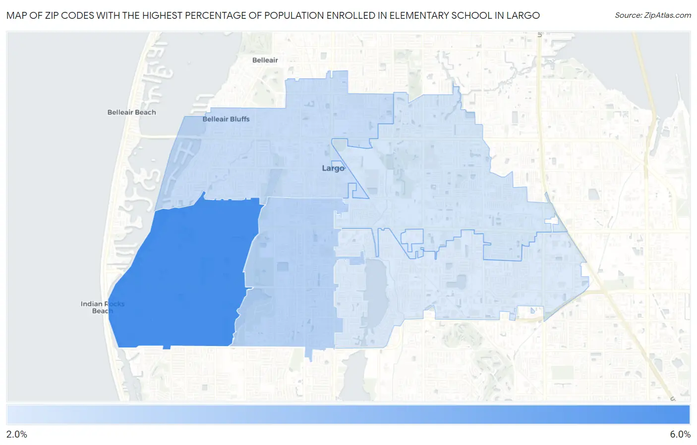 Zip Codes with the Highest Percentage of Population Enrolled in Elementary School in Largo Map