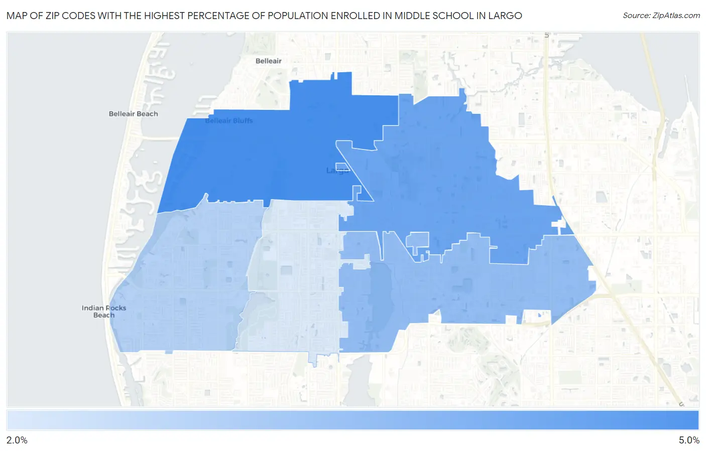 Zip Codes with the Highest Percentage of Population Enrolled in Middle School in Largo Map
