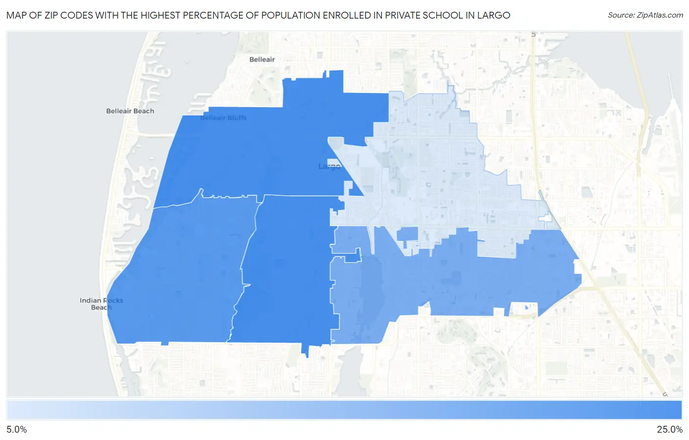 Zip Codes with the Highest Percentage of Population Enrolled in Private School in Largo Map