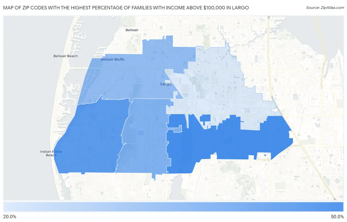 Zip Codes with the Highest Percentage of Families with Income Above $100,000 in Largo Map