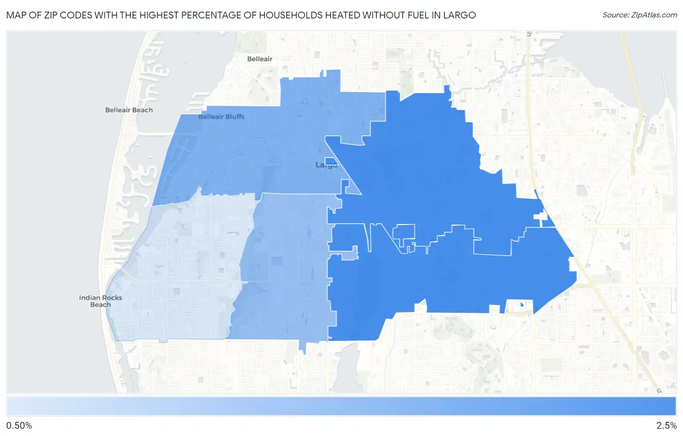 Zip Codes with the Highest Percentage of Households Heated without Fuel in Largo Map