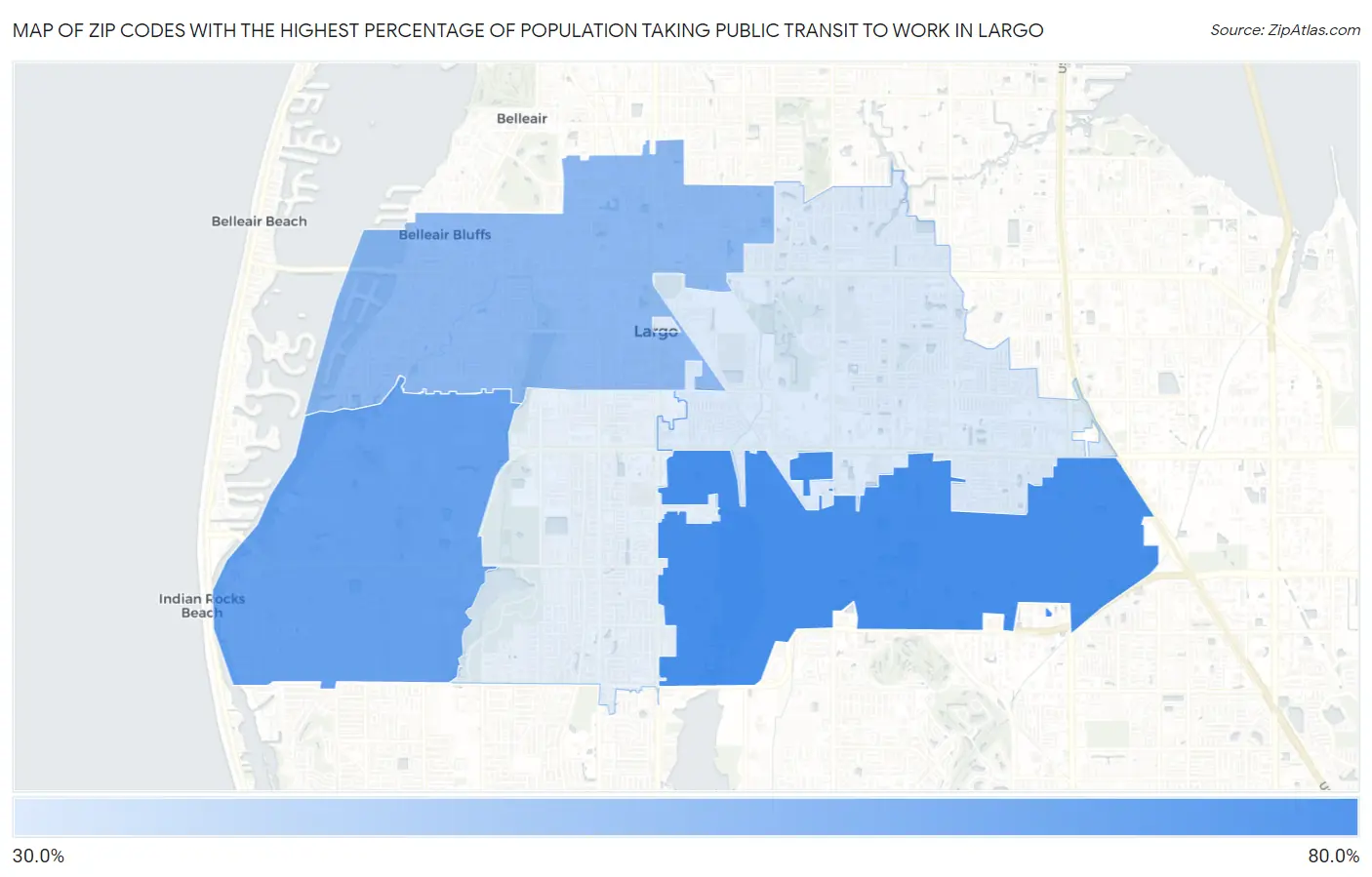 Zip Codes with the Highest Percentage of Population Taking Public Transit to Work in Largo Map