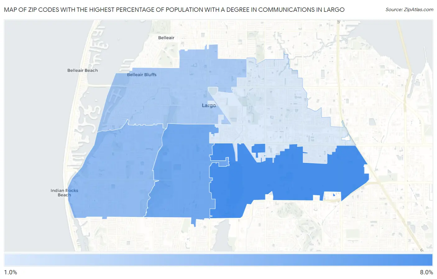 Zip Codes with the Highest Percentage of Population with a Degree in Communications in Largo Map