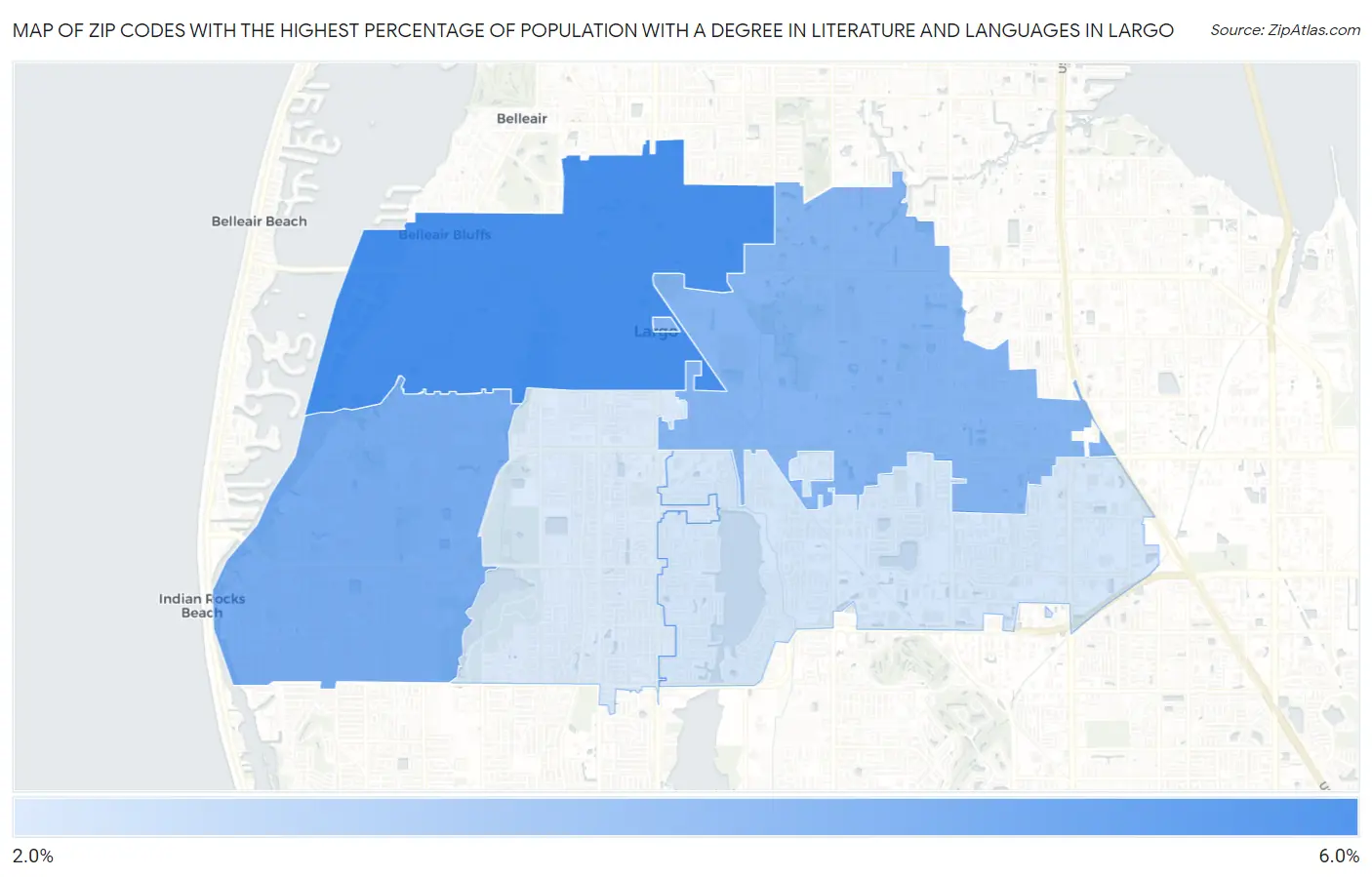 Zip Codes with the Highest Percentage of Population with a Degree in Literature and Languages in Largo Map