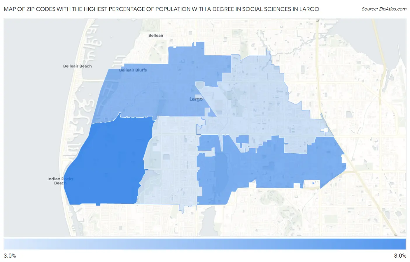 Zip Codes with the Highest Percentage of Population with a Degree in Social Sciences in Largo Map