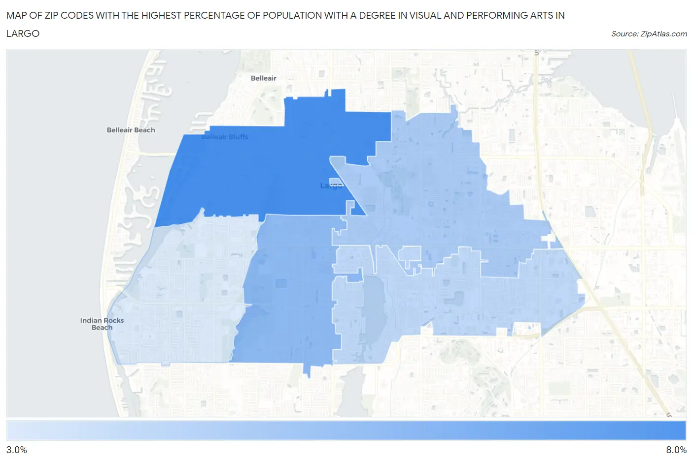 Zip Codes with the Highest Percentage of Population with a Degree in Visual and Performing Arts in Largo Map