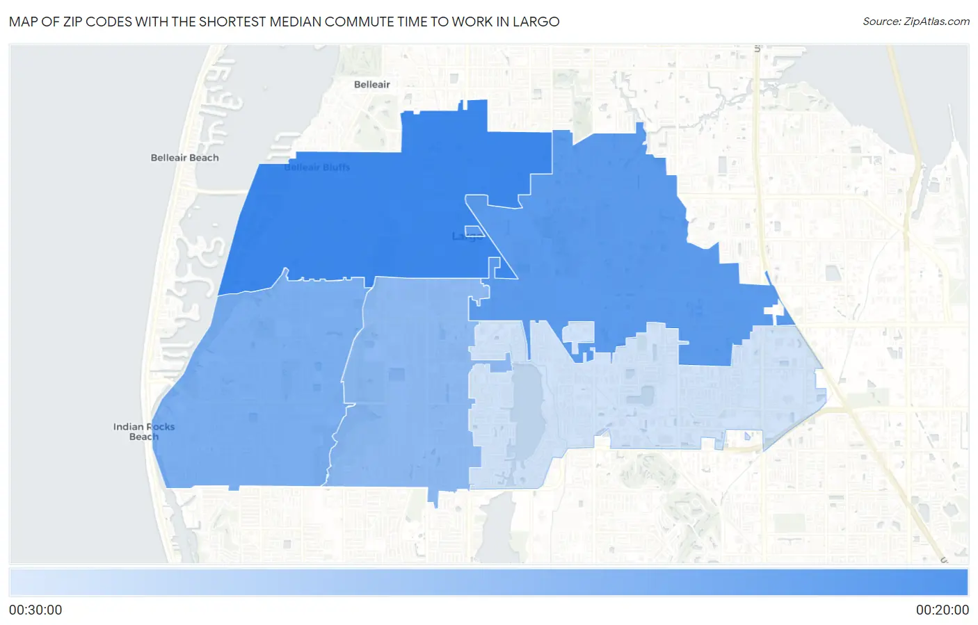 Zip Codes with the Shortest Median Commute Time to Work in Largo Map
