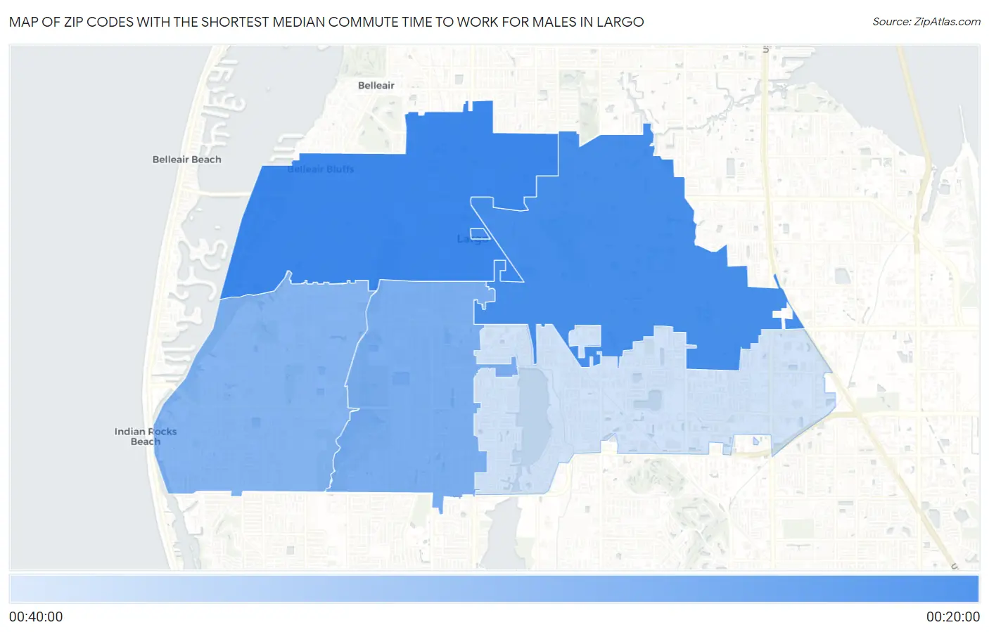 Zip Codes with the Shortest Median Commute Time to Work for Males in Largo Map